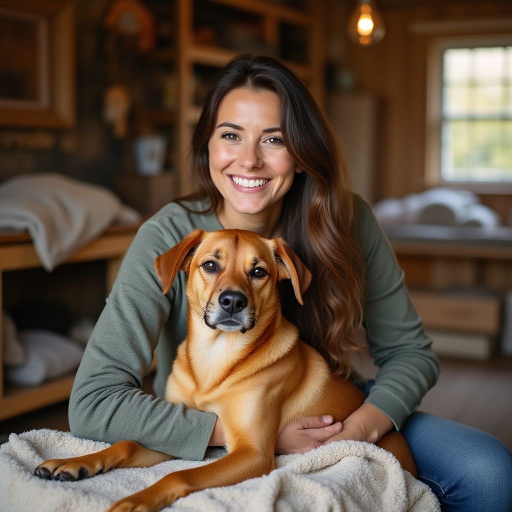CozyPaw founder Sarah with her rescue dog