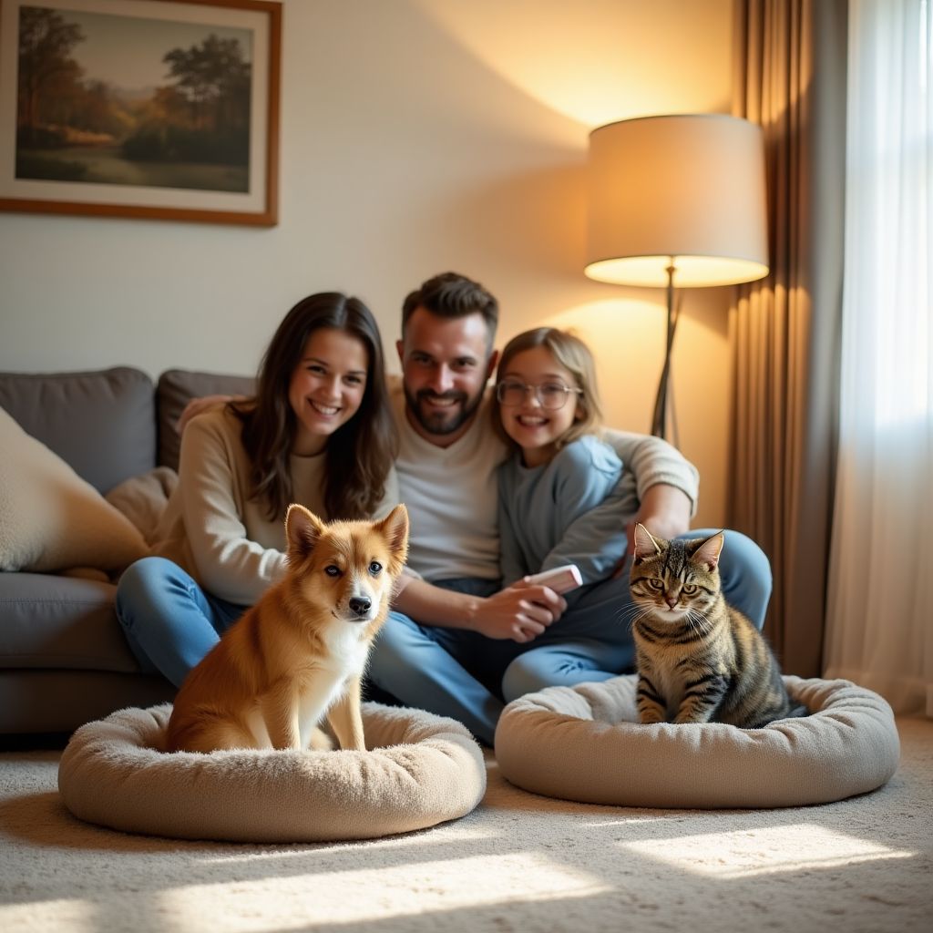 Family with pets and CozyPaw products