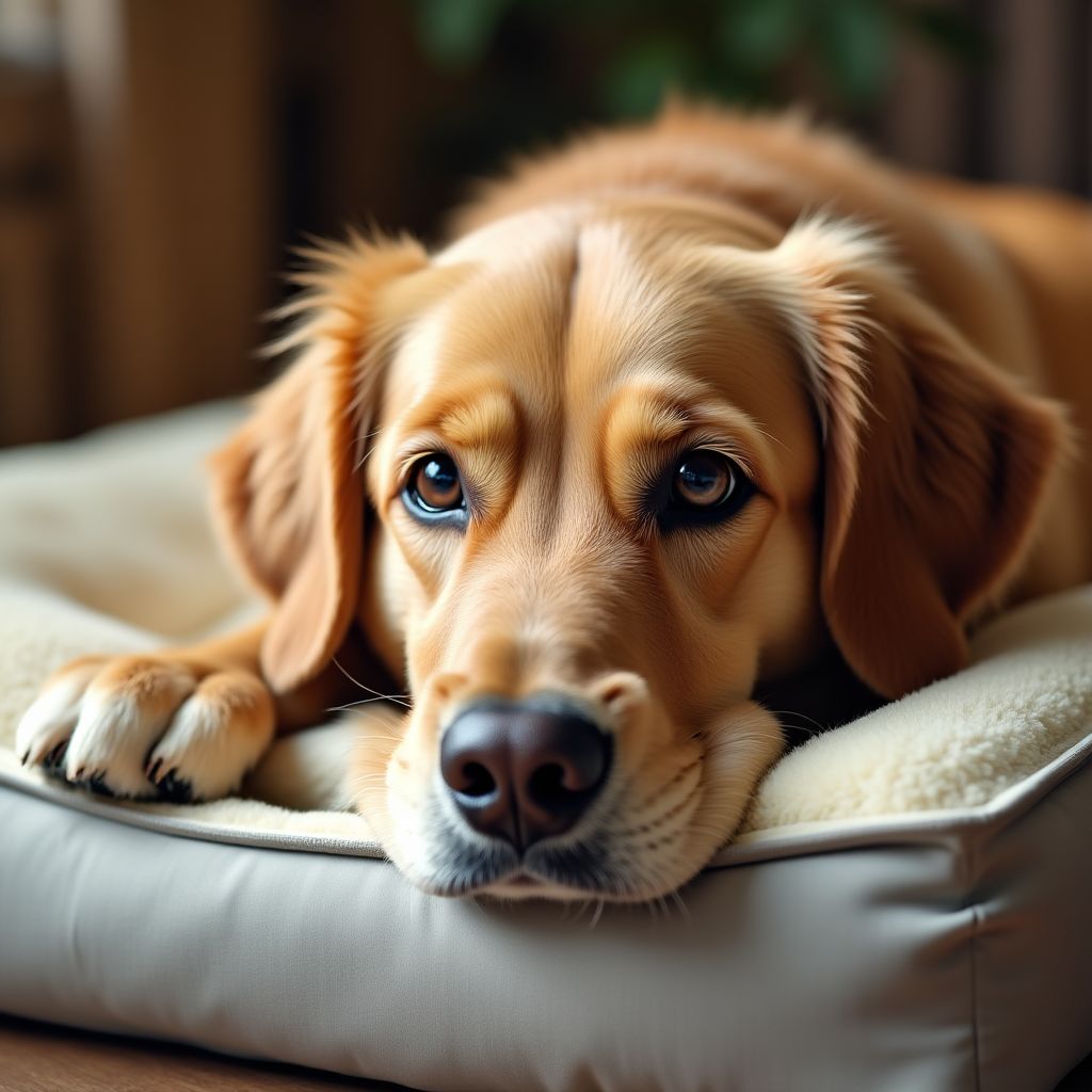 Elderly dog with orthopedic bed