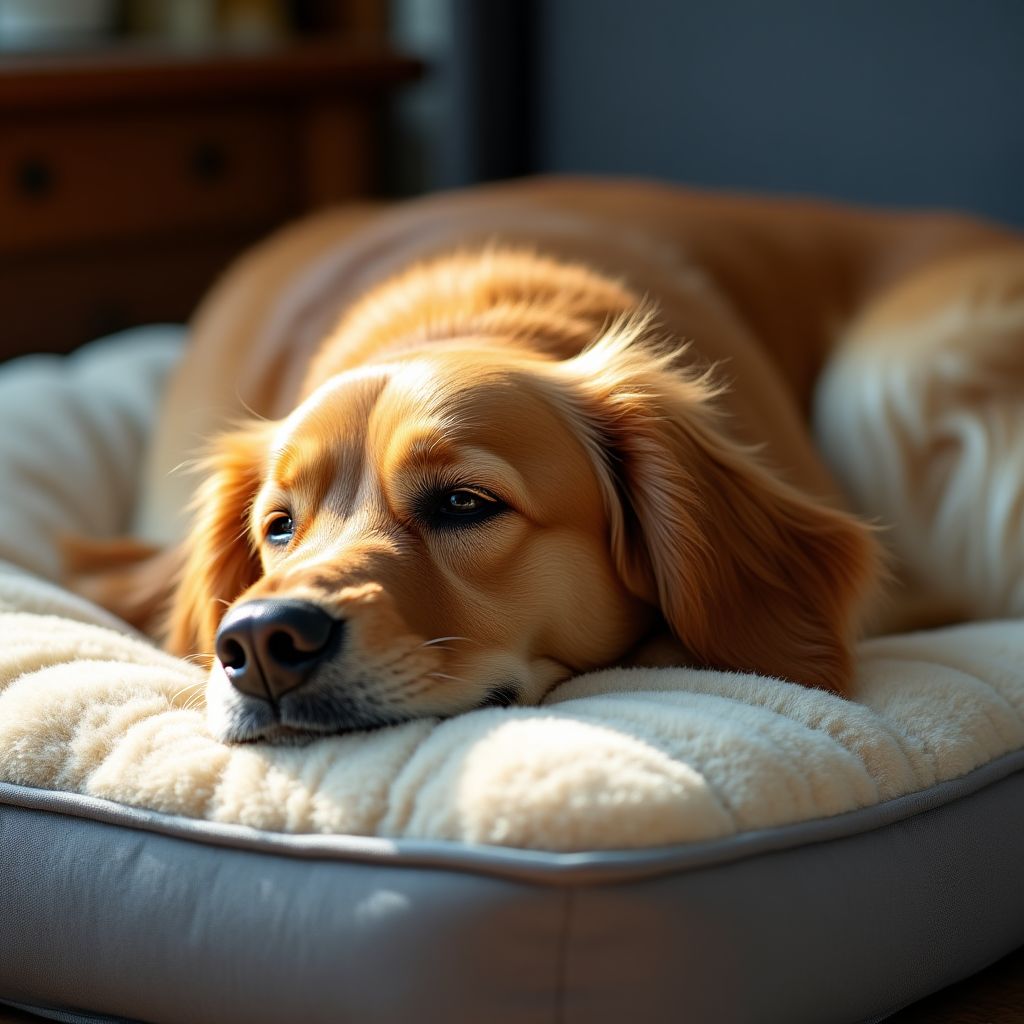 Senior dog with orthopedic bed