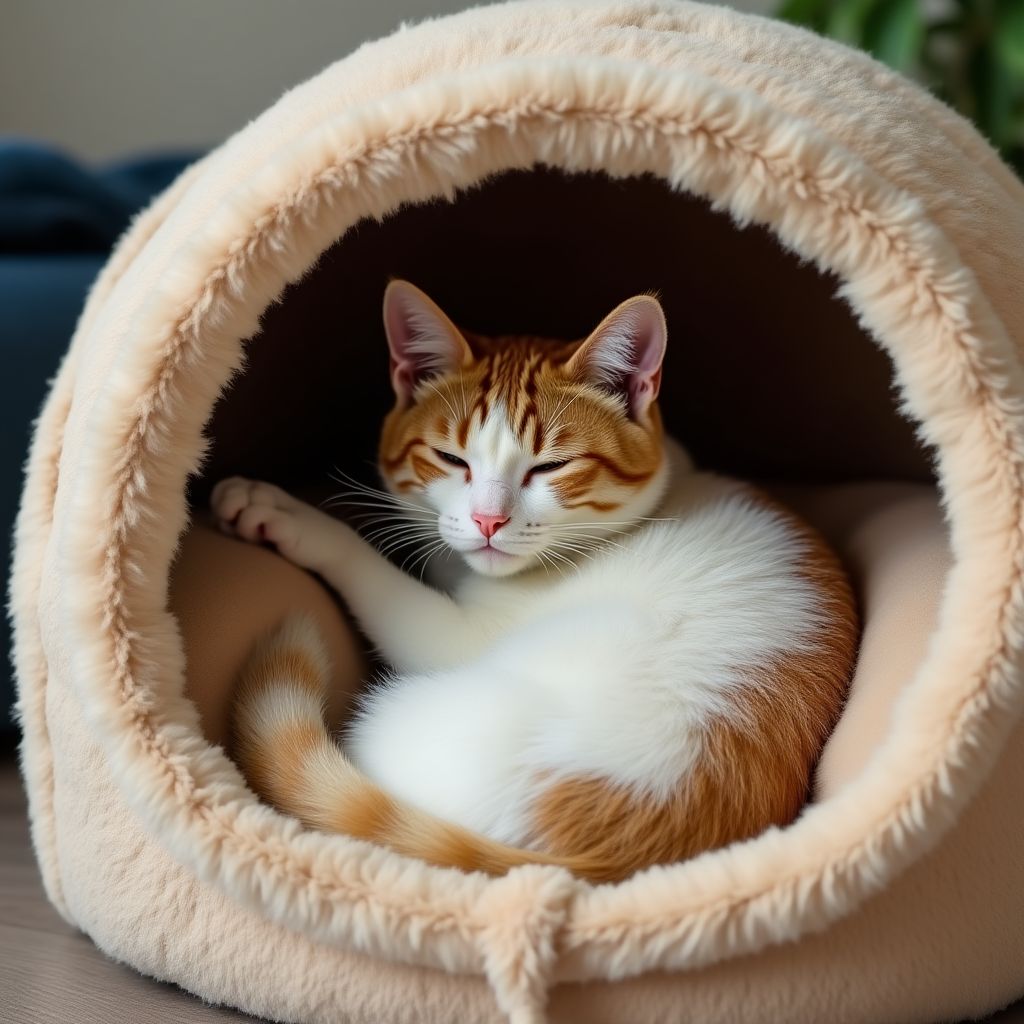 Anxious cat in calming bed