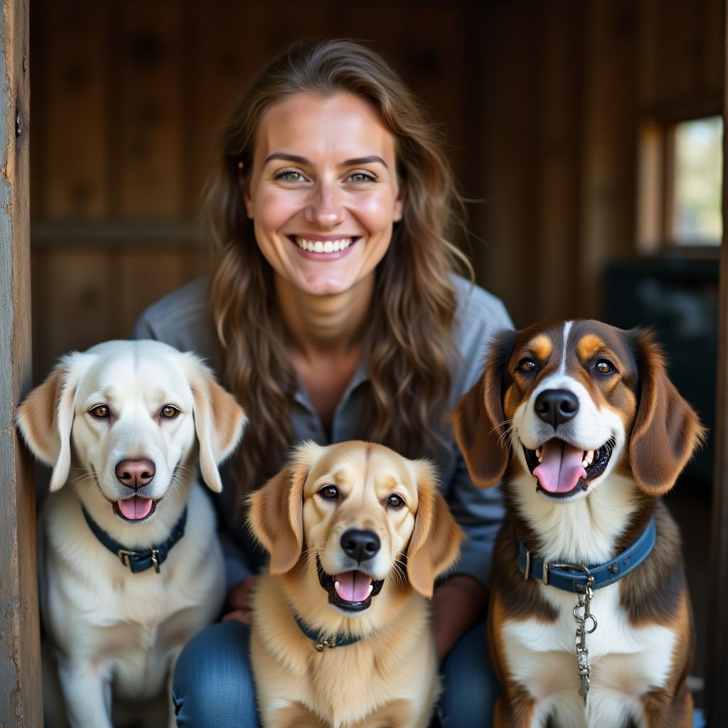 Animal shelter manager Sam with rescue pets