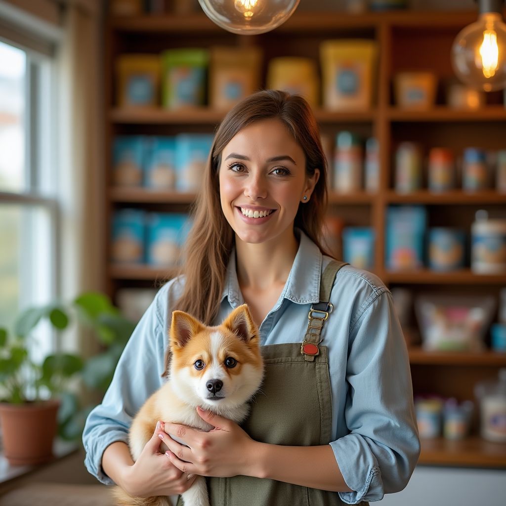 Pet store owner Olivia with CozyPaw products